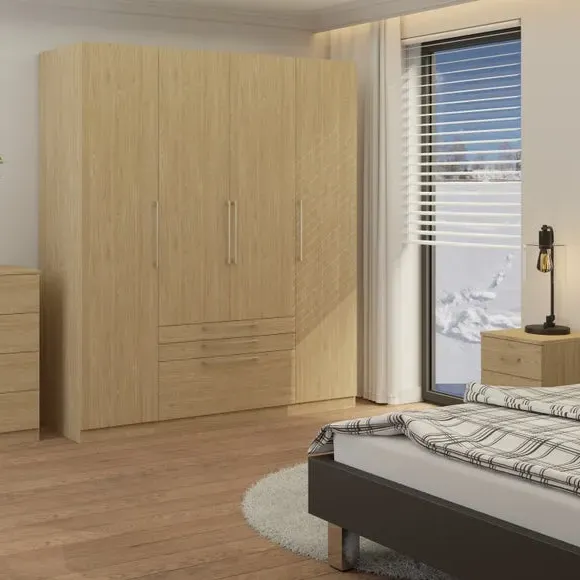 4-Door Wardrobe with 3 Drawers - Oak Effect