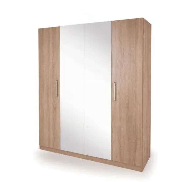 4-Door Wardrobe with Mirror - Natural, Oak image