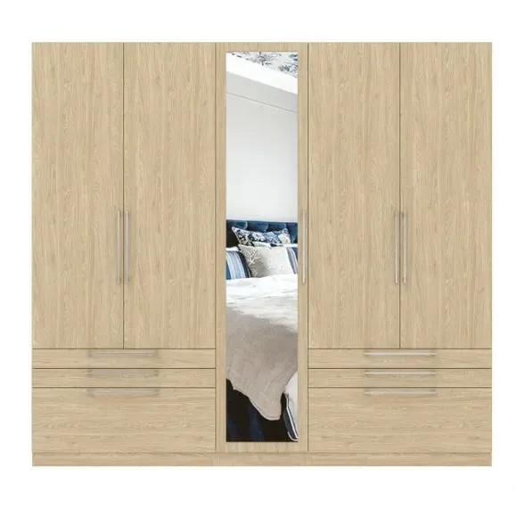 5-Door Wardrobe with 6 Drawers - Oak Effect