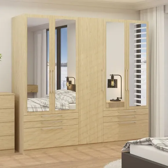 5-Door Wardrobe with 6 Drawers - Oak Effect