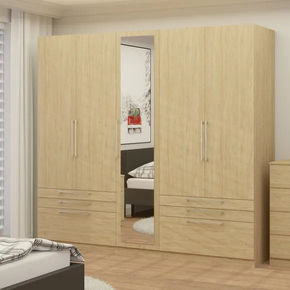 5-Door Wardrobe with 6 Drawers - Oak Effect image