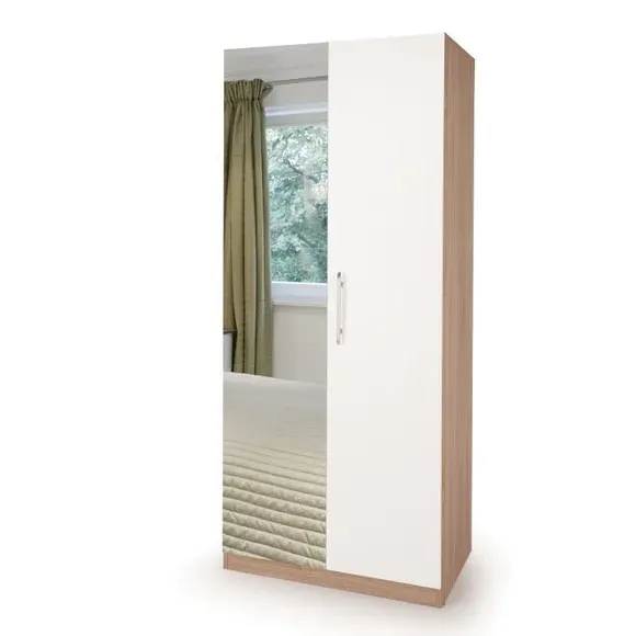 Double Wardrobe with Mirror - White, Oak Effect