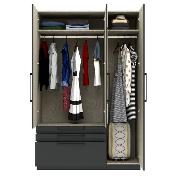 Triple Wardrobe with 3 Drawers - Anthracite