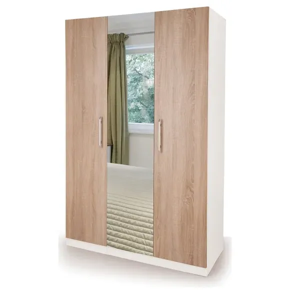 Triple Wardrobe with Mirror - White, Oak image