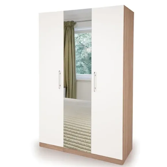 Triple Wardrobe with Mirror - White, Oak image