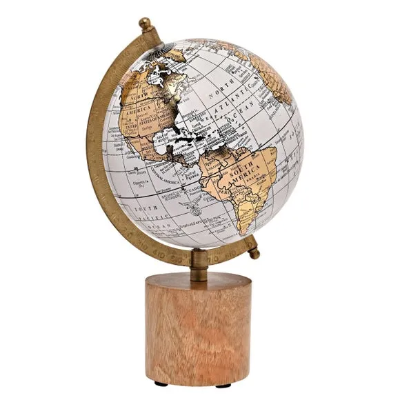 Globe Ornament with Wooden Base - Gold, Wood