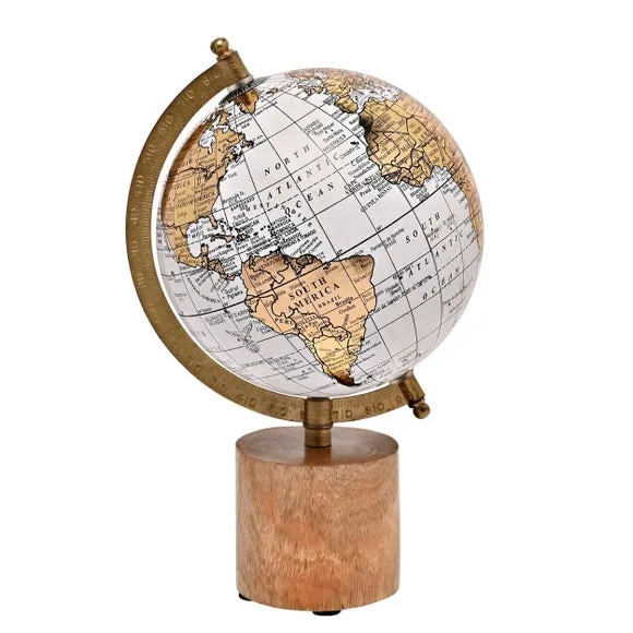 Globe Ornament with Wooden Base - Gold, Wood image