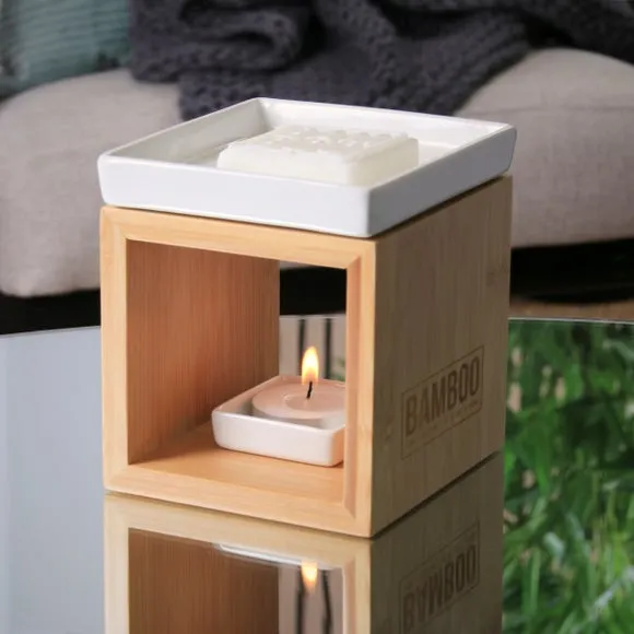 Wax Melt Burner with Ceramic Bowl - Natural Bamboo image