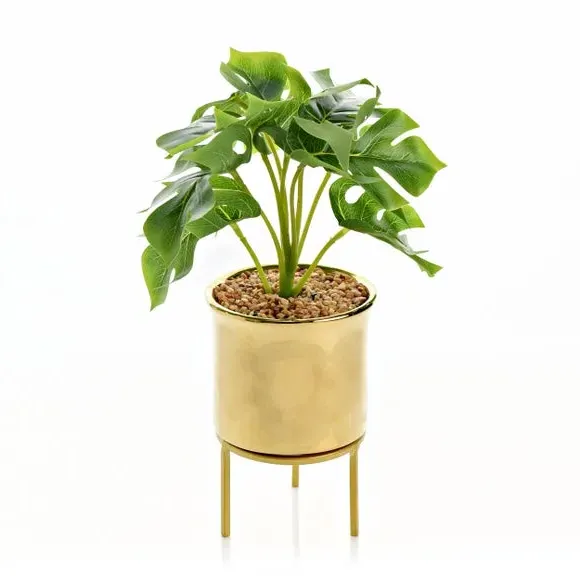 Artificial Monstera Plant Pot - Gold, Metal image