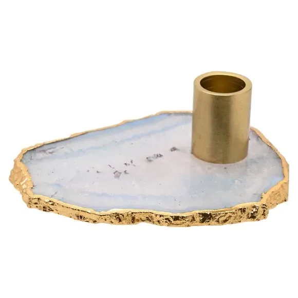 Candlestick Holder with Gold Edging - Blue, Agate