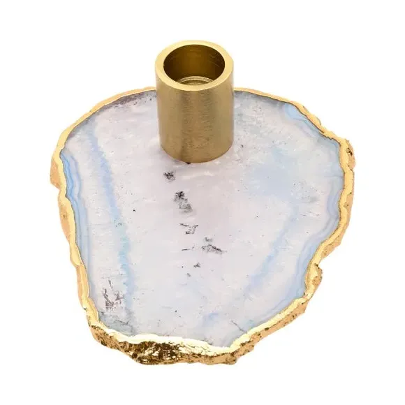 Candlestick Holder with Gold Edging - Blue, Agate