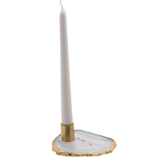 Candlestick Holder with Gold Edging - Blue, Agate
