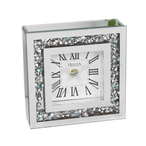 Crystal Border Mantel Clock - Silver, Mirrored Glass