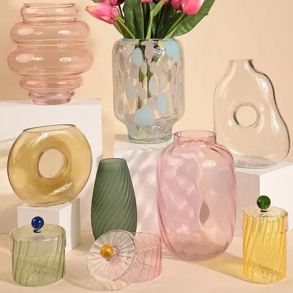 Handmade Glass Vase with Abstract Design - Amber