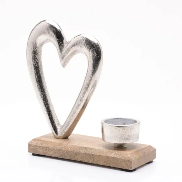 Heart Tealight Holder - Silver, Metal Wood