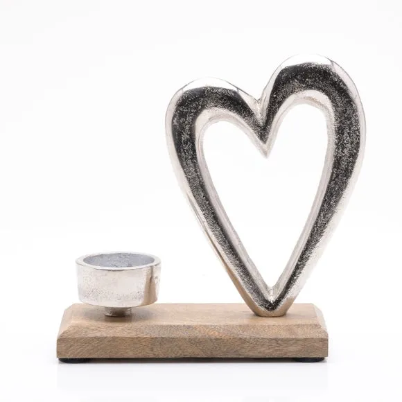 Heart Tealight Holder - Silver, Metal Wood image