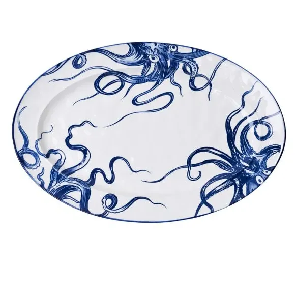 Oval Serving Plate Octopus Design - White, Ceramic