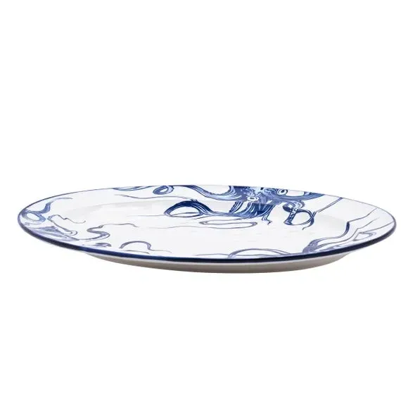 Oval Serving Plate Octopus Design - White, Ceramic