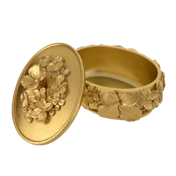 Oval Trinket Box with Floral Design - Gold, Resin