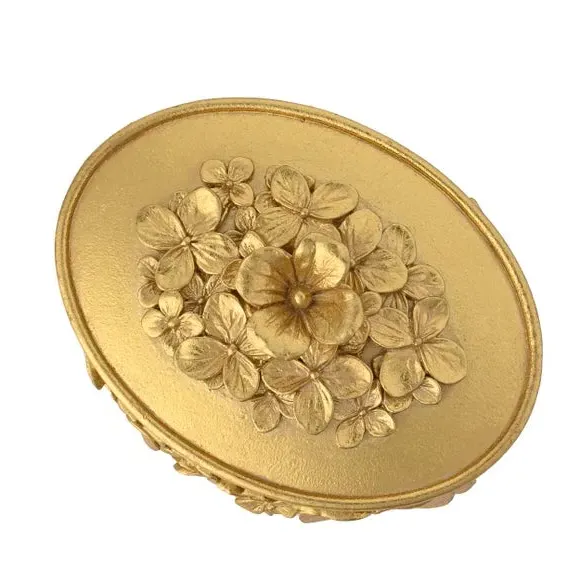 Oval Trinket Box with Floral Design - Gold, Resin