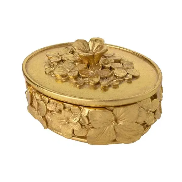 Oval Trinket Box with Floral Design - Gold, Resin image