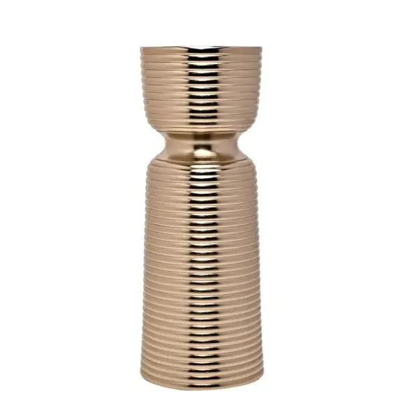 Pillar Candle Holder with Ribbed Texture - Gold
