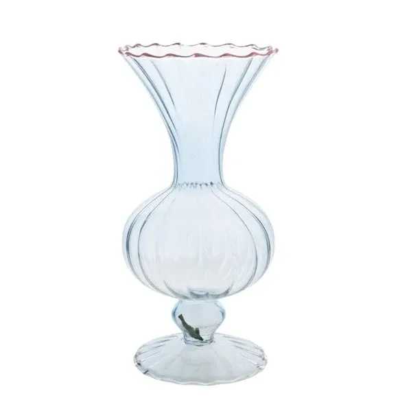 Ribbed Glass Vase with Pink Rim - Clear, Glass image