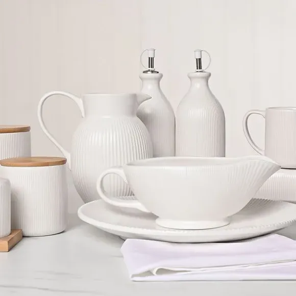 Ribbed Gravy Dish - White, Stoneware