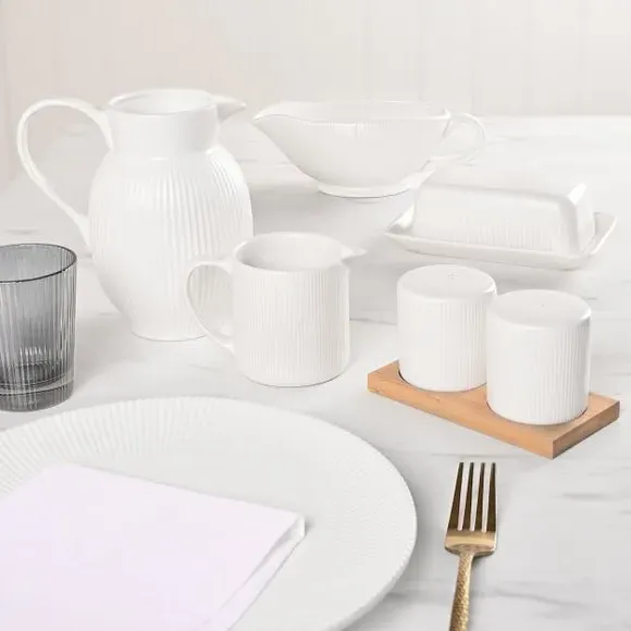 Ribbed Gravy Dish - White, Stoneware