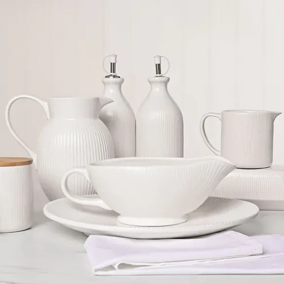 Ribbed Pitcher Jug - White, Stoneware