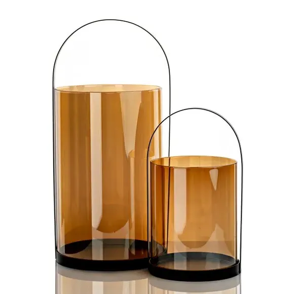 Round Glass Lantern with Metal Frame - Amber