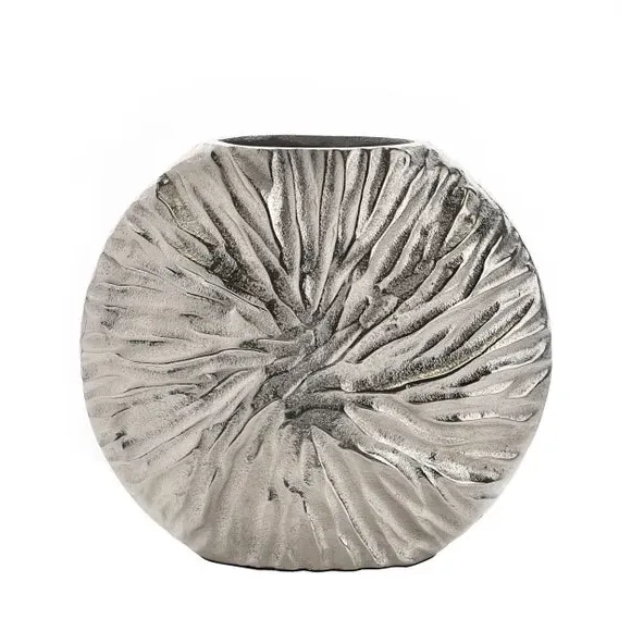 Round Metal Vase with Textured Design - Silver image