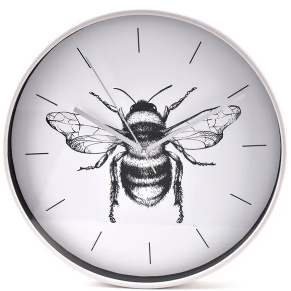 Round Wall Clock with Bee Design - Grey, Metal