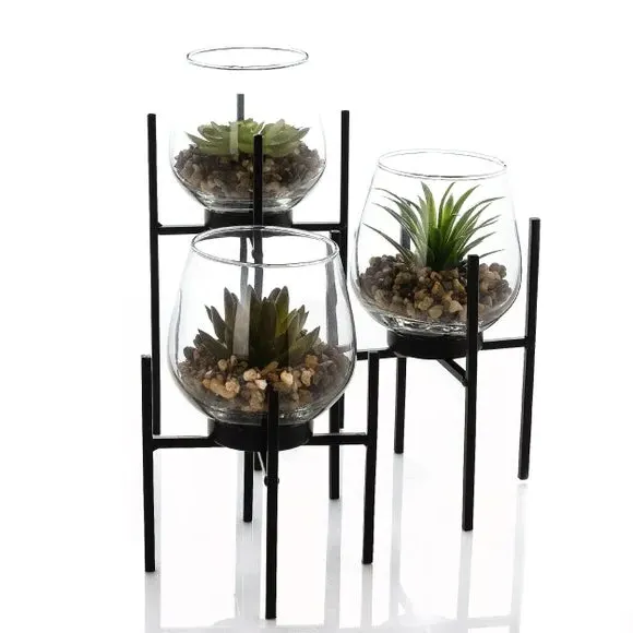 Set of 3 Plant Pots with Faux Succulents - Glass