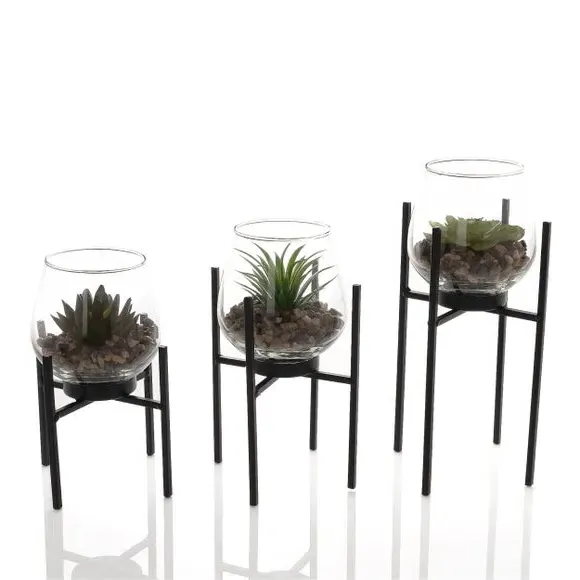 Set of 3 Plant Pots with Faux Succulents - Glass image