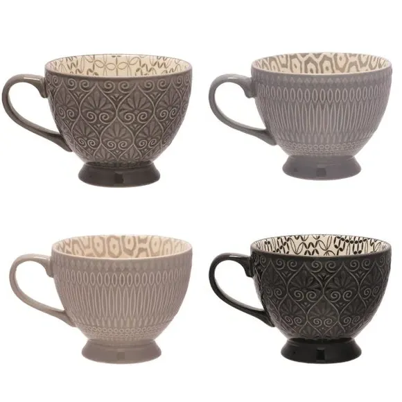 Set of 4 Tea Cups with Prints - Multicolor, Ceramic
