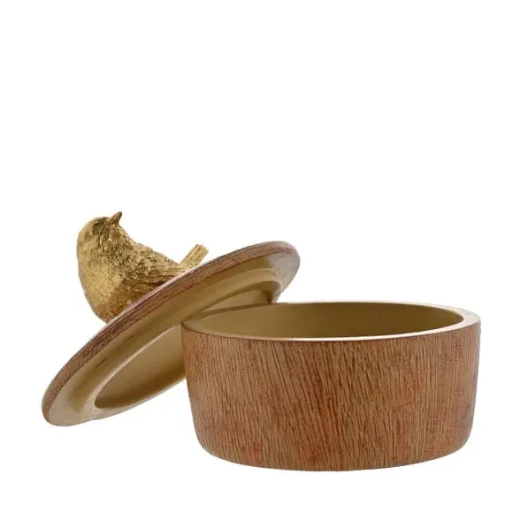 Trinket Box with Gold Bird - Brown, Wood Effect