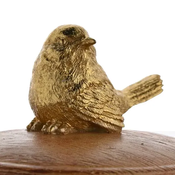 Trinket Box with Gold Bird - Brown, Wood Effect