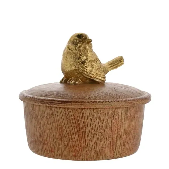 Trinket Box with Gold Bird - Brown, Wood Effect image