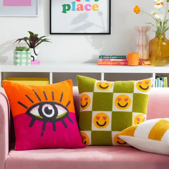Square Cushion with Eye Design - Pink, Boucle
