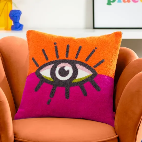 Square Cushion with Eye Design - Pink, Boucle