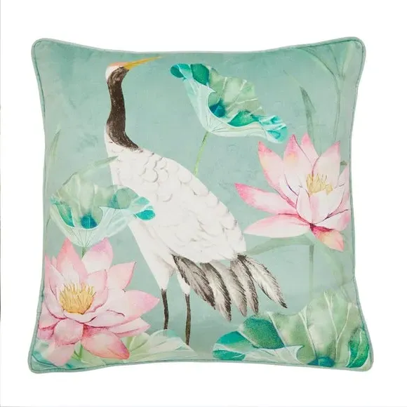 Floral Cushion with Heron Design - Green, Velvet