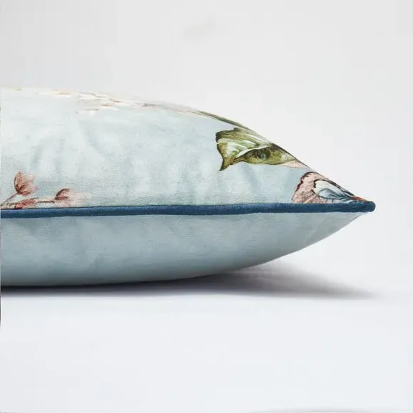 Floral Cushion with Velvet Feel - Blue, Polyester