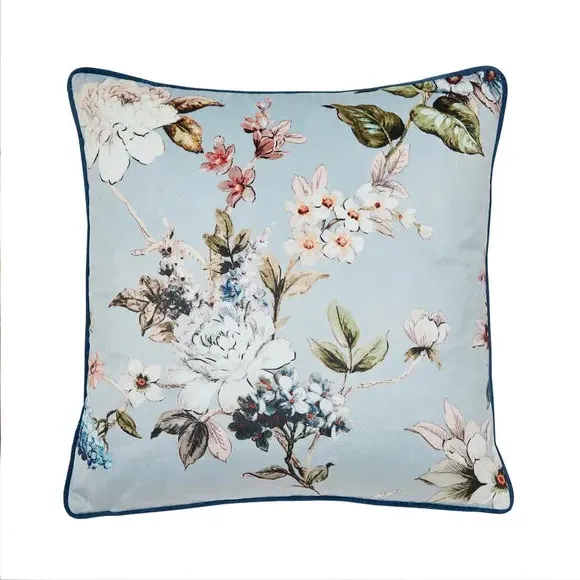 Floral Cushion with Velvet Feel - Blue, Polyester