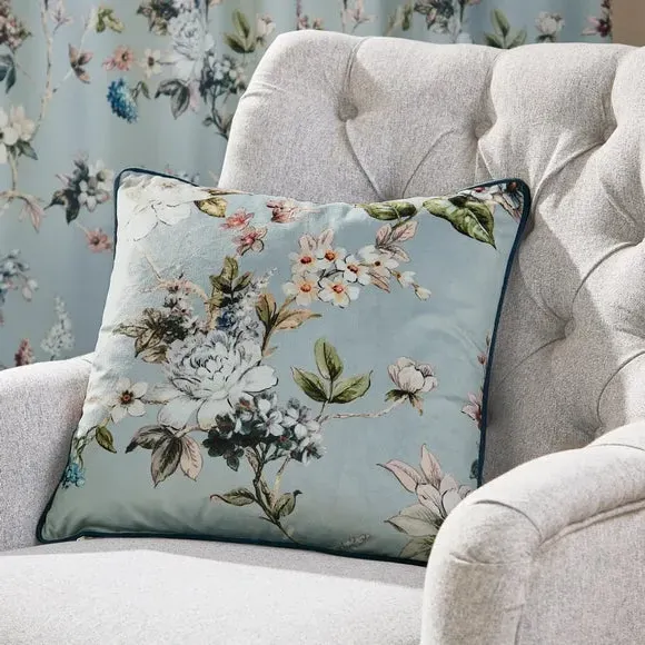 Floral Cushion with Velvet Feel - Blue, Polyester image