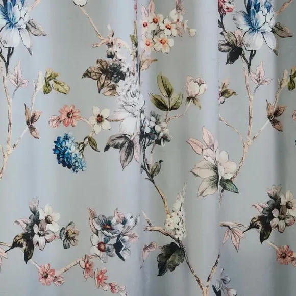 Pencil Pleat Curtains with Floral Print - Blue