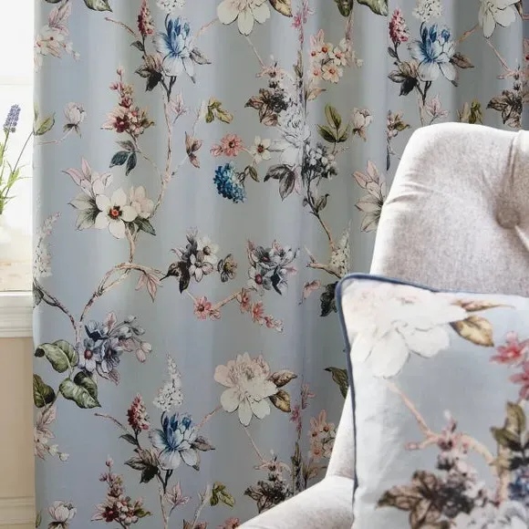 Pencil Pleat Curtains with Floral Print - Blue