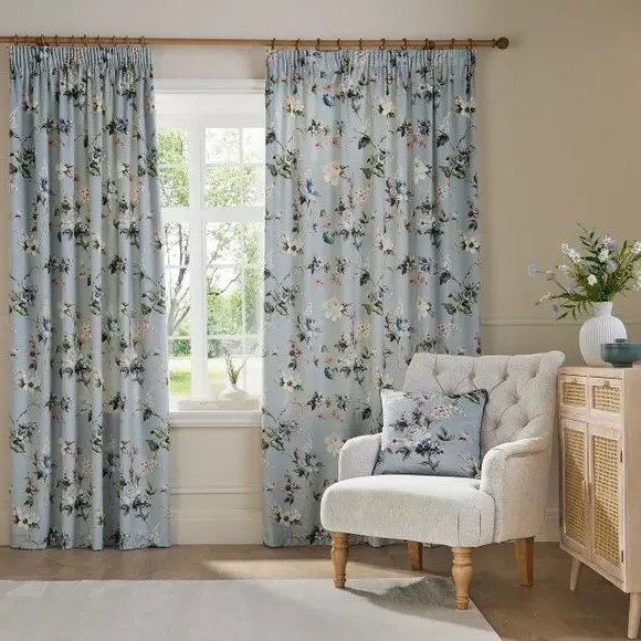 Pencil Pleat Curtains with Floral Print - Blue