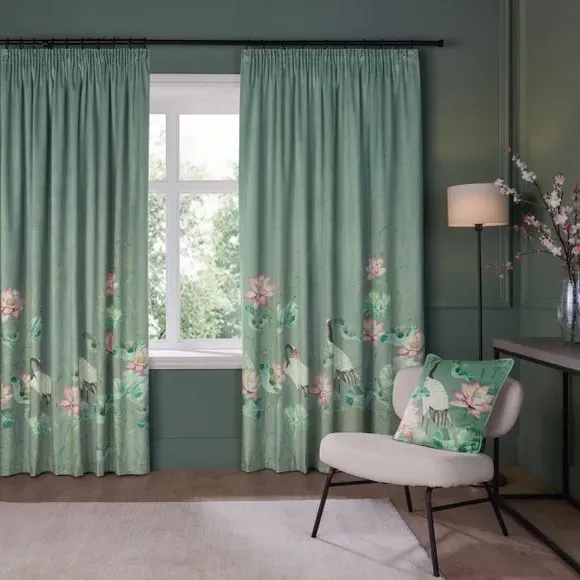 Pencil Pleat Curtains with Lining - Green, Polyester image