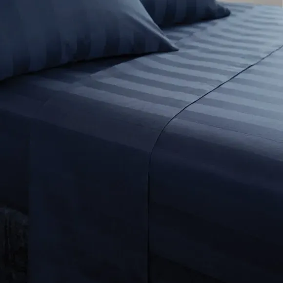 Stripe Flat Sheet 230 Thread Count - Navy, Cotton